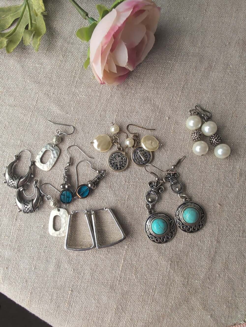 Seven Pair Earring Set Boho Tribal Silver Tone Faux Pearl /Turquoise